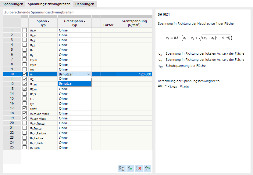 Zu berechnende Spannungsschwingbreiten festlegen
