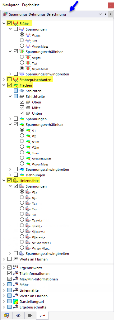 Navigator - Ergebnisse für Spannungs-Dehnungs-Berechnung