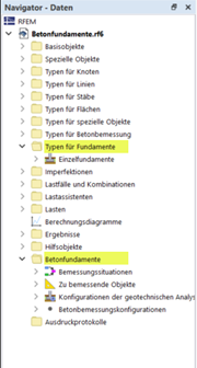 Kategorien für Betonfundamente im Navigator