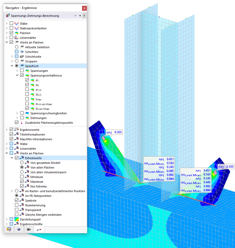 Extremwerte der Spannungsverhältnisse von Haupt- und Vergleichsspannungen darstellen