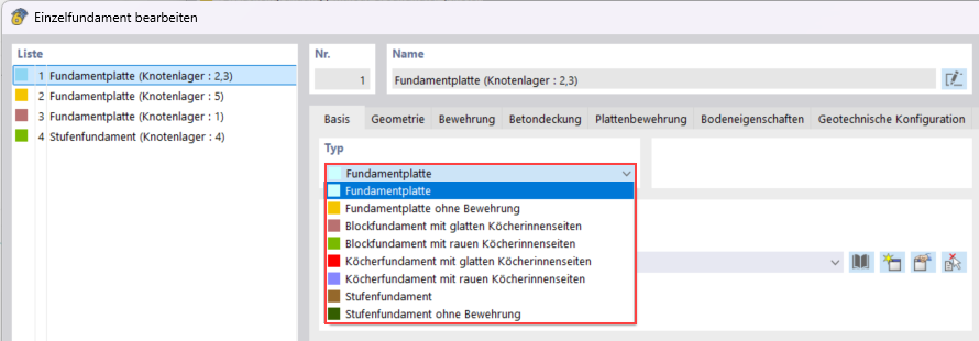 Fundamenttyp auswählen