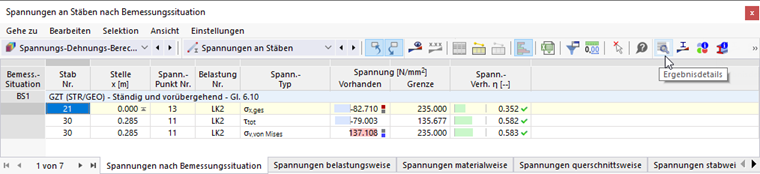 Schaltfläche 'Ergebnisdetails' in Tabellen-Symbolleiste