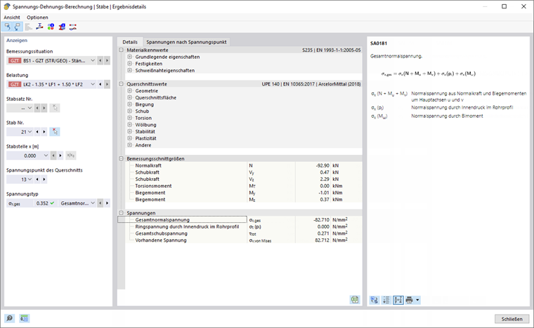 Ergebnisdetails der Spannungen