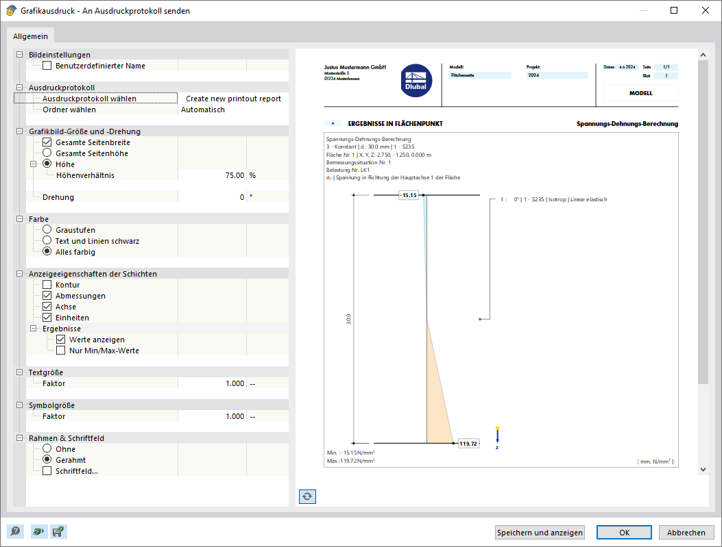 Spannungsverläufe in Ausdruckprotokoll drucken
