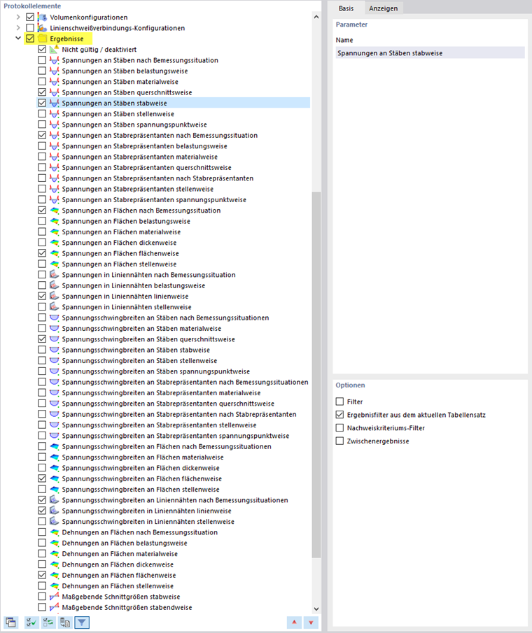Spannungen, Spannungsschwingbreiten und Dehnungen auswählen
