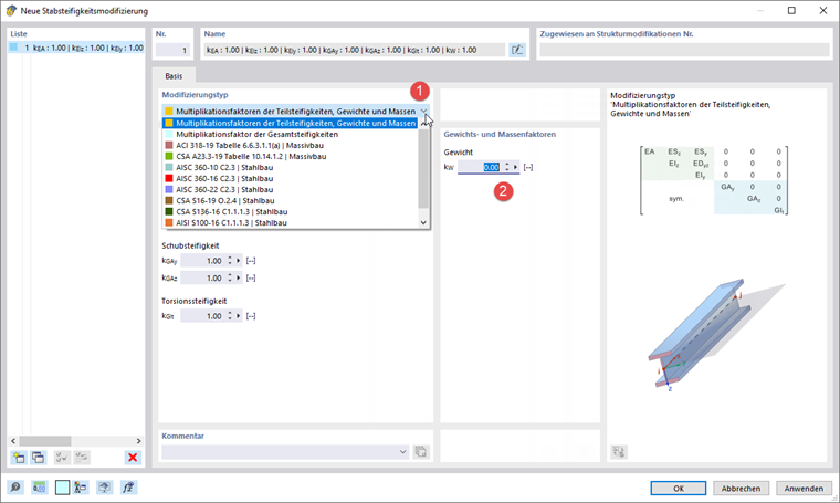 Stabsteifigkeitsmodifizierung mit Gewichtsfaktor null erzeugen