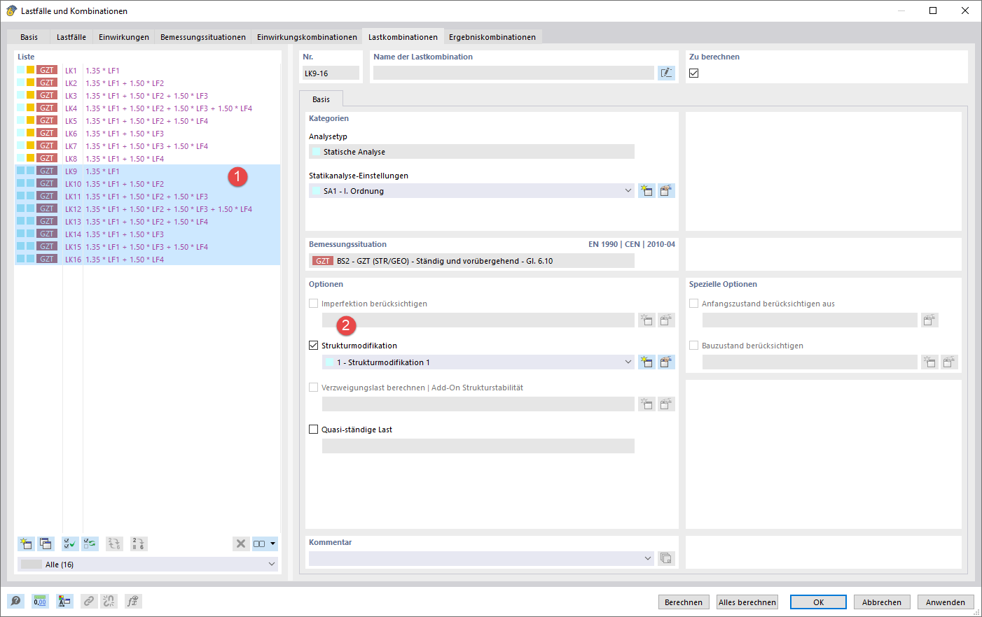 Lastkombinationen festlegen und Strukturmodifikation zuweisen
