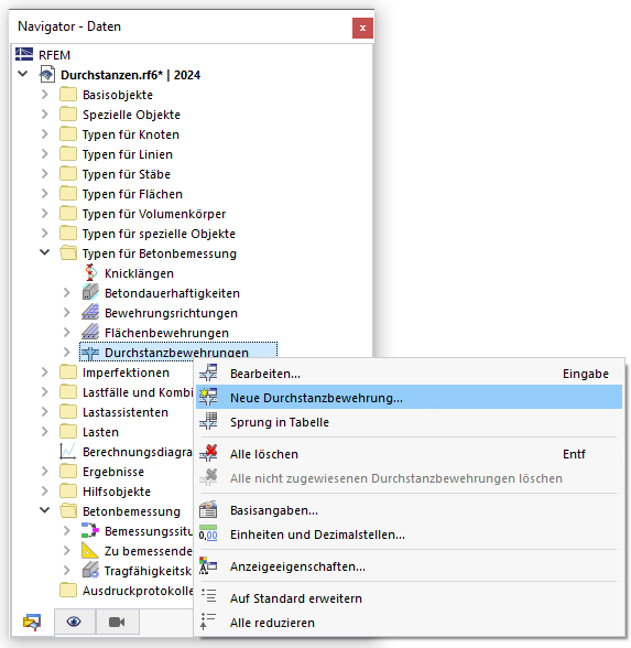 Durchstanzbewehrung über Navigator-Kontextmenü definieren