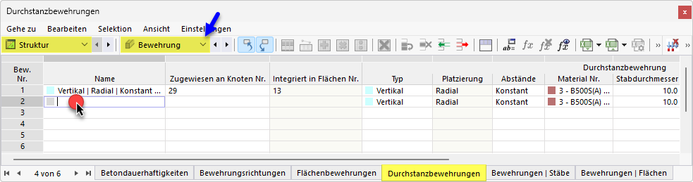 Durchstanzbewehrung über Tabelle definieren