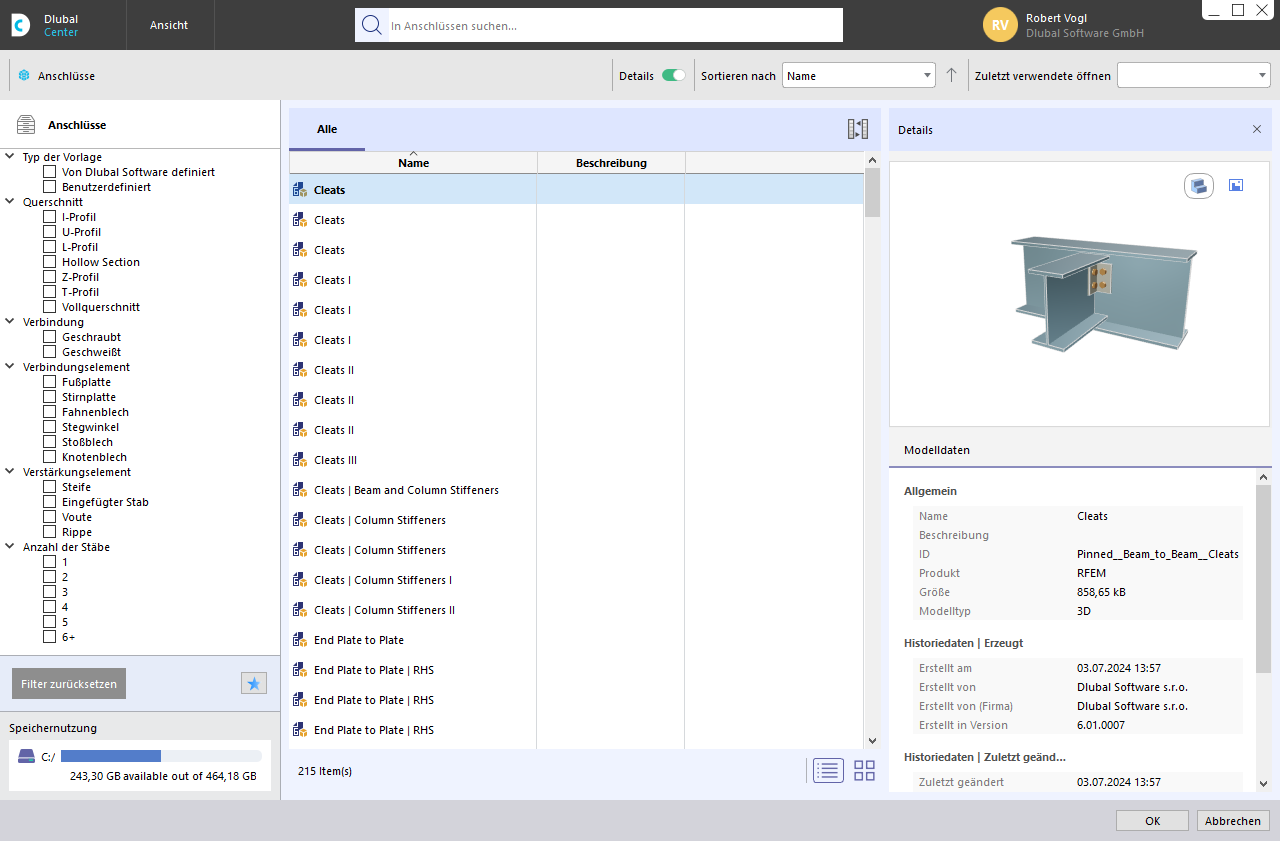 Anschlussvorlagen im Dlubal Center