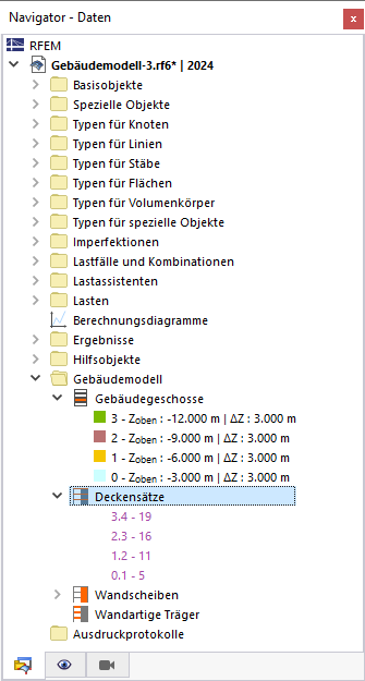 Deckensätze im Navigator - Daten