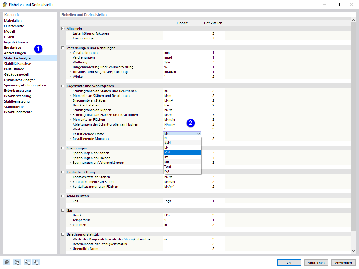 Einheiten für Ergebniswerte der statischen Analyse ändern