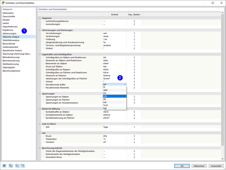 Einheiten für Ergebniswerte der statischen Analyse ändern