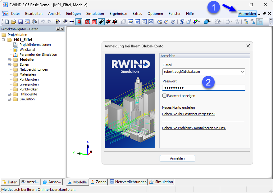 Anmeldung beim Dlubal-Konto