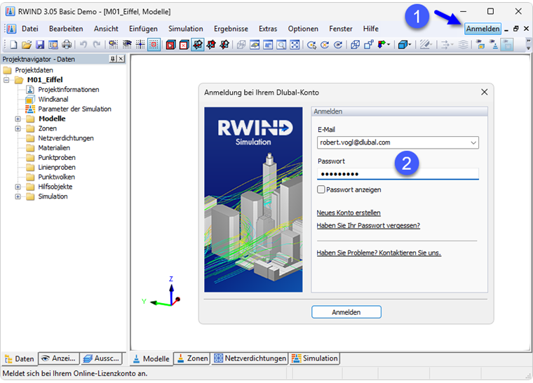 Anmeldung beim Dlubal-Konto