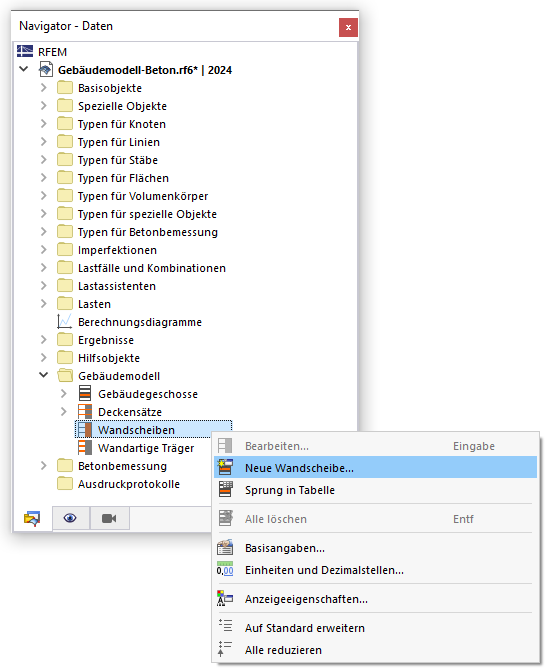 Wandscheibe über Navigator-Kontextmenü anlegen