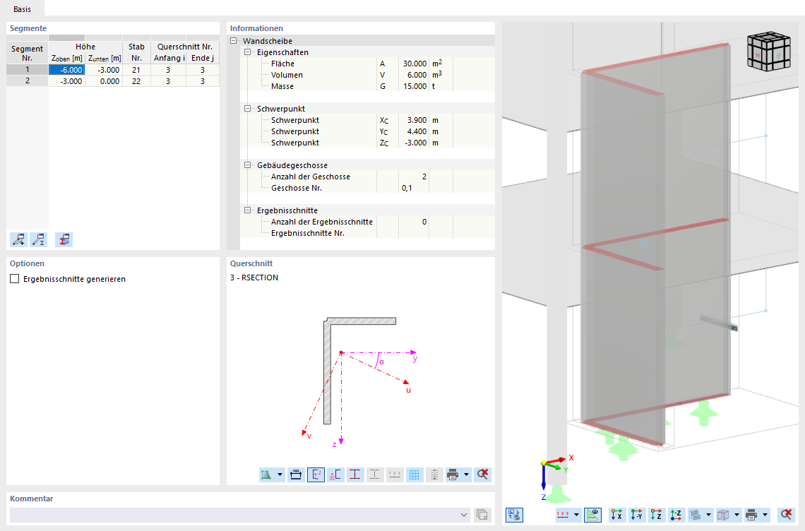 Wandscheibe über zwei Geschosse mit zwei Ergebnisstäben