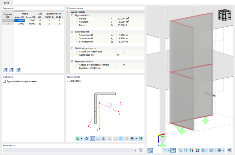 Wandscheibe über zwei Geschosse mit zwei Ergebnisstäben