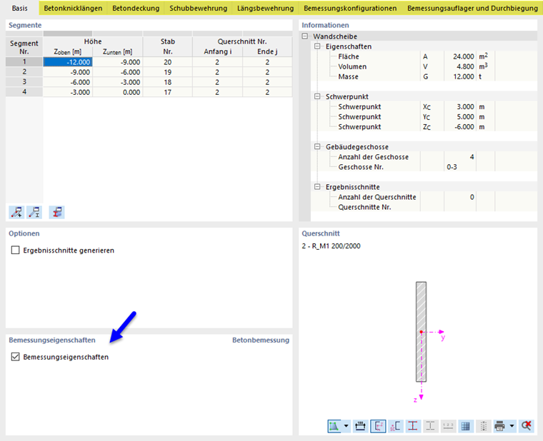 Bemessungseigenschaften einer Wandscheibe aktivieren