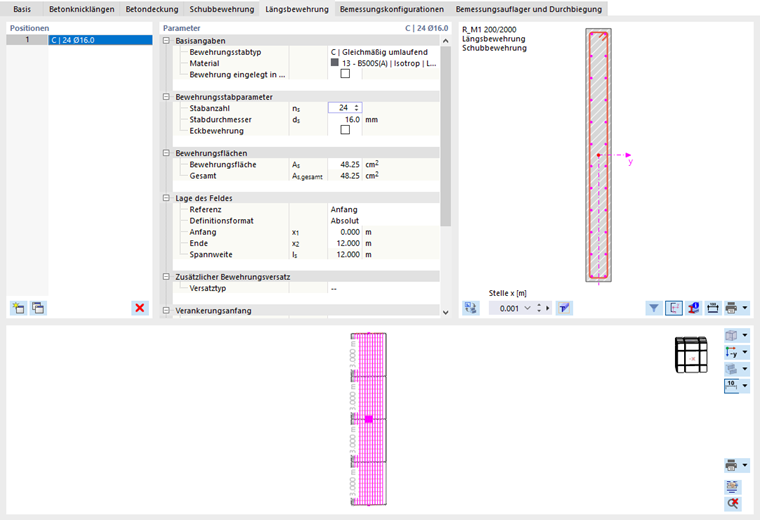 Längsbewehrung für Ergebnisstab definieren