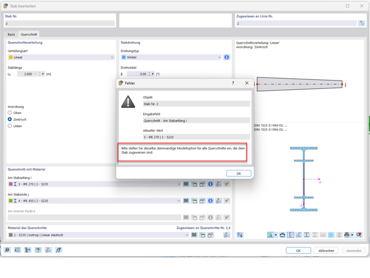 FAQ 005585 | Was bedeutet die Fehlermeldung "Inkompatible Berechnungsoptionen" an Stäben mit linearer Querschnittsverteilung (Vouten)?