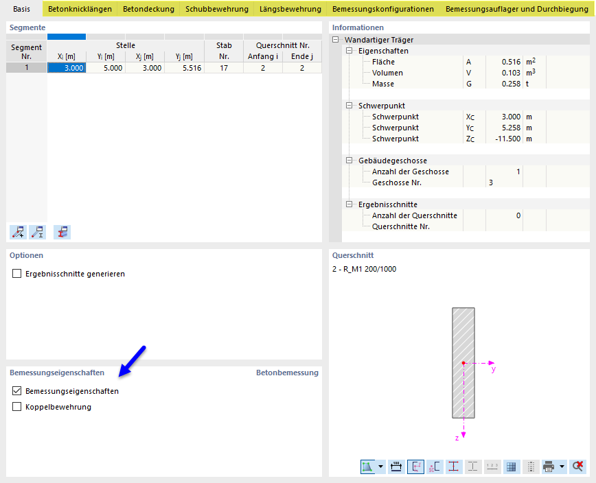 Bemessungseigenschaften eines wandartigen Trägers aktivieren