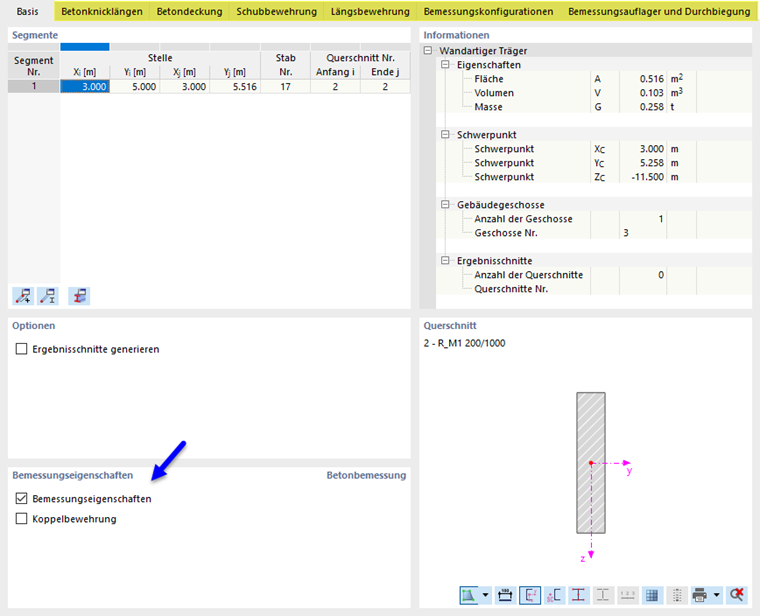 Bemessungseigenschaften eines wandartigen Trägers aktivieren