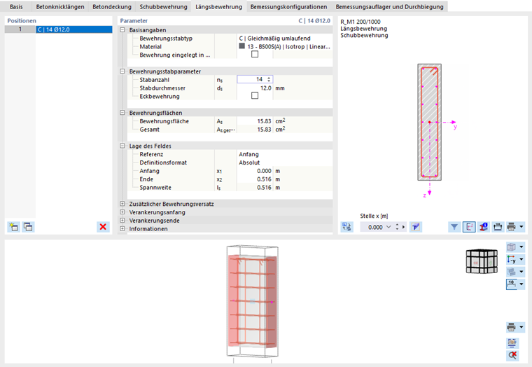 Längsbewehrung für Ergebnisstab definieren