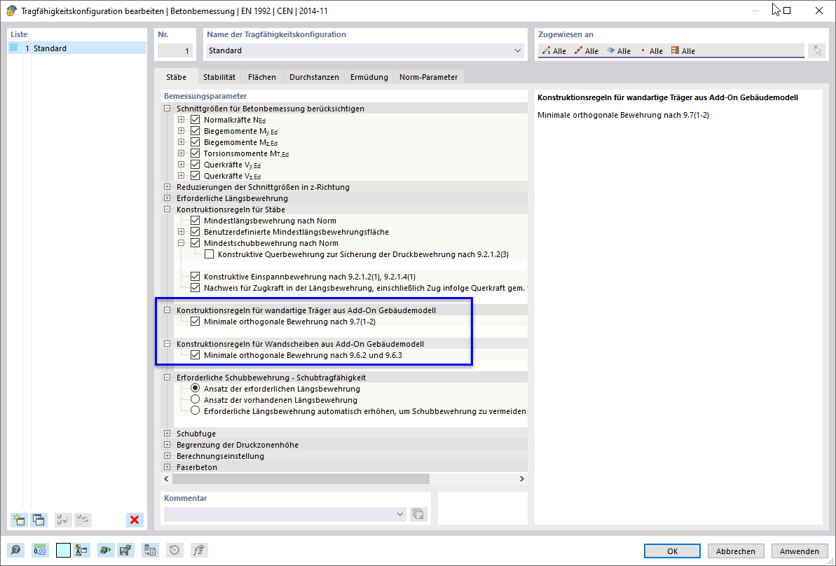 Konstruktionsregeln für wandartige Träger und Wandscheiben des Gebäudemodells berücksichtigen