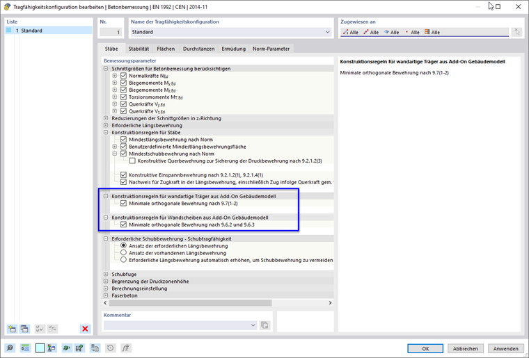 Konstruktionsregeln für wandartige Träger und Wandscheiben des Gebäudemodells berücksichtigen