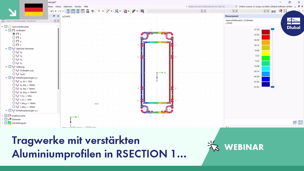 Verstärkte Aluminiumprofile werden mithilfe der Software RSECTION 1 und RFEM 6 im Webinar analysiert.