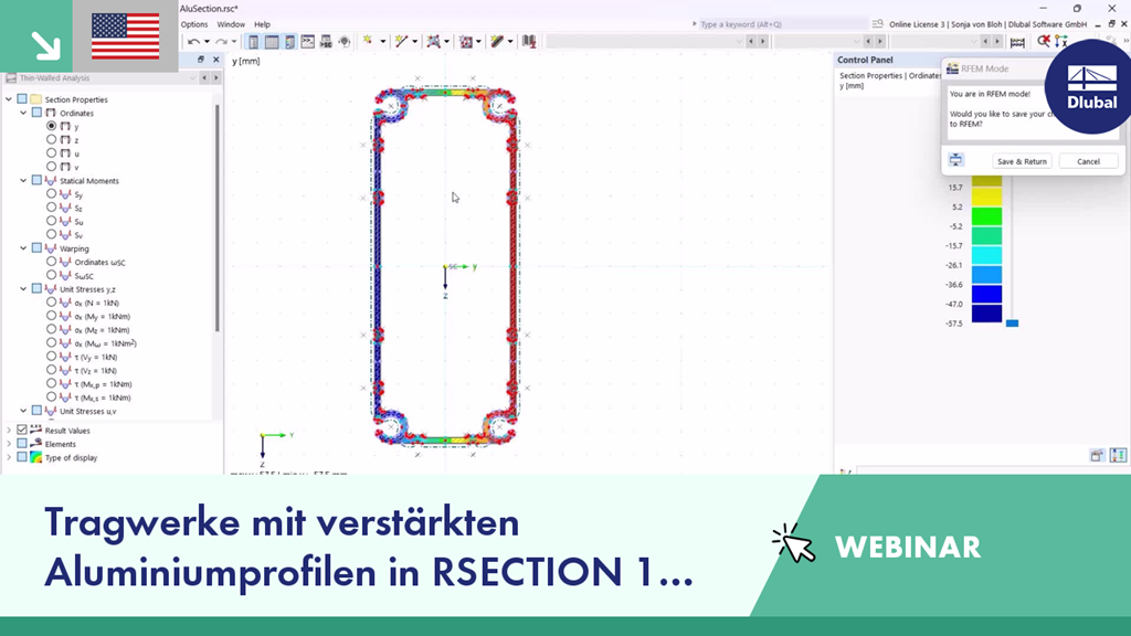 Darstellung der Analyse verstärkter Aluminiumprofile in RSECTION 1 und RFEM 6, verwendet in einem technischen Webinar.