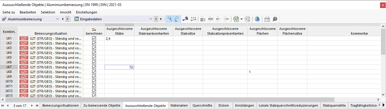 Eingabetabelle für kombinationsweise von der Bemessung auszuschließende Objekte in der Aluminiumbemessung