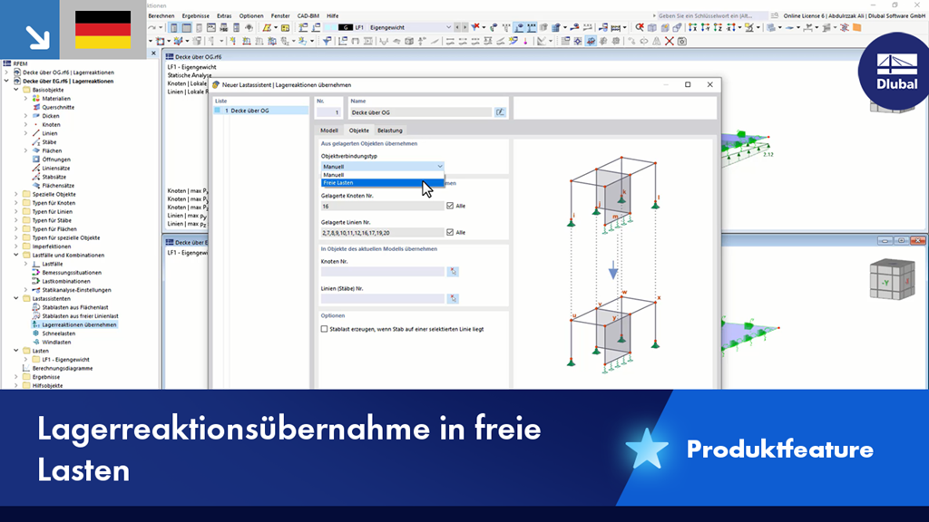 Visualisierung der Übernahme von Lagerreaktionen in freie Lasten in Baukonstruktionen.