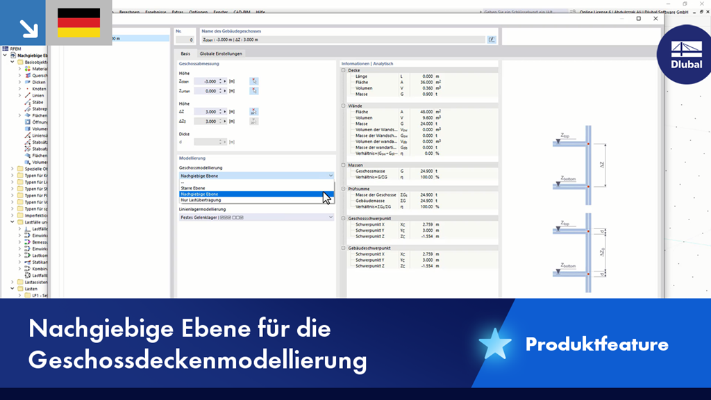 Darstellung der Modellierung einer Geschossdecke mit nachgiebiger Ebene zur Simulation realer Bauwerksverformungen.