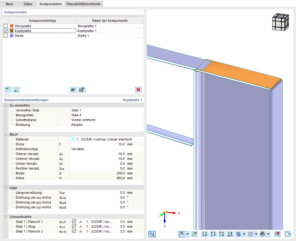 Komponenteneinstellungen für Kopfplatte