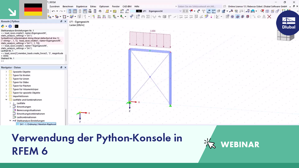Demonstration der Python-Konsole in RFEM 6 zur Automatisierung von Prozessen.