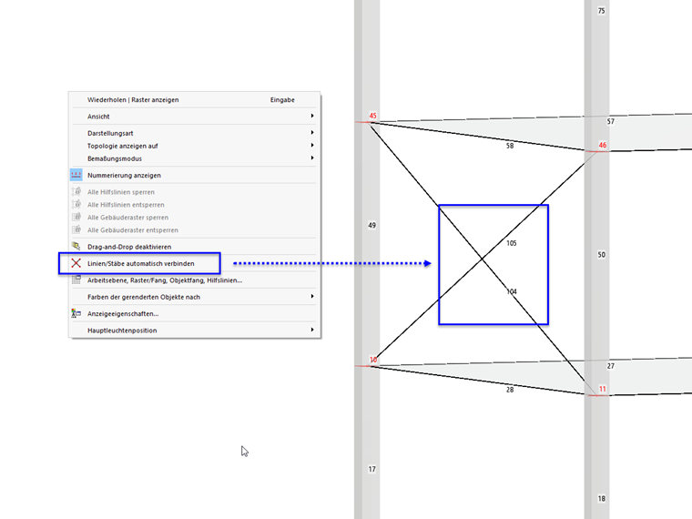 Kontextmenü mit Option für kreuzende Linien