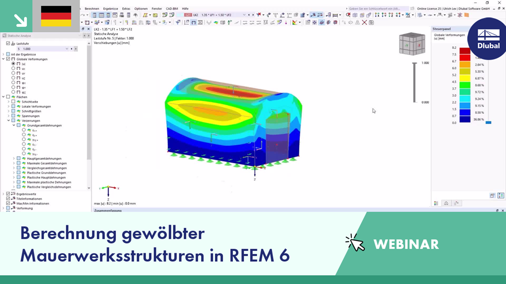 Simulation einer gewölbten Mauerwerksstruktur im RFEM 6 Webinar dargestellt.