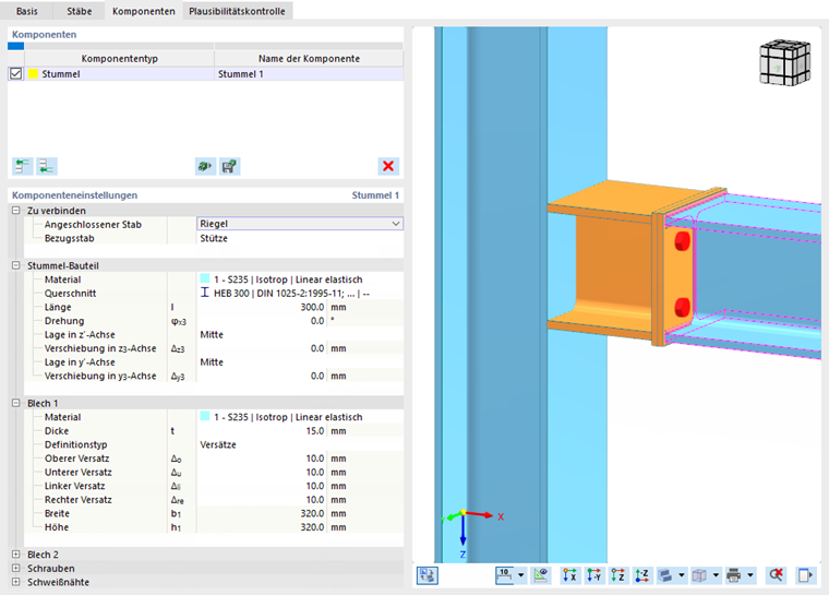 Komponenteneinstellungen für Stummel