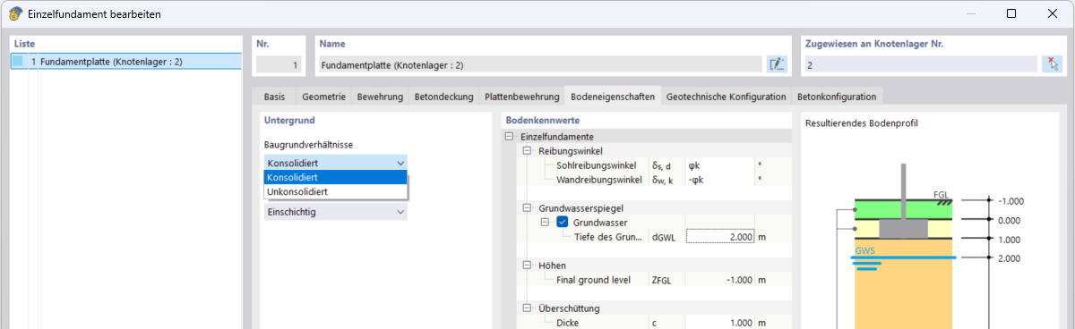 Abbildung zeigt die Analyse von Betonfundamenten unter Berücksichtigung der Untergrundverhältnisse