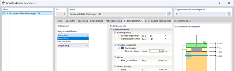 Abbildung zeigt die Analyse von Betonfundamenten unter Berücksichtigung der Untergrundverhältnisse
