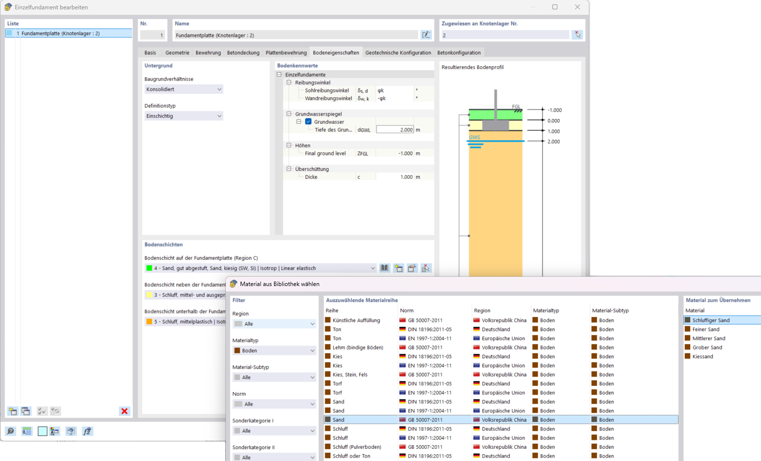 Bodenmaterialienauswahl für Betonfundamente in der Materialbibliothek einer Konstruktionssoftware.