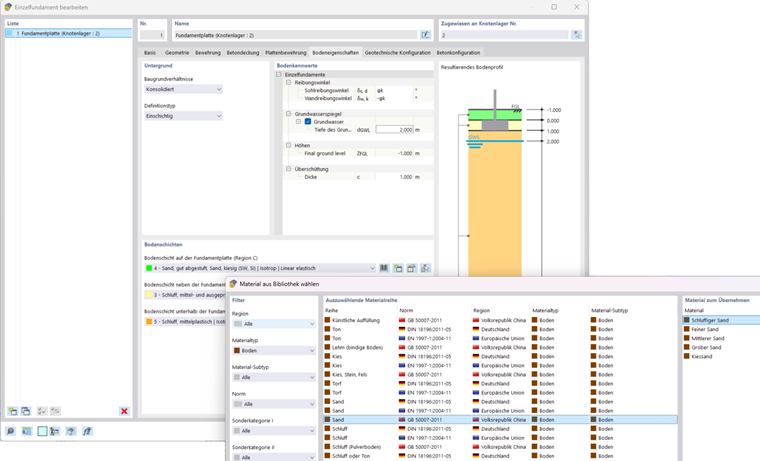 Bodenmaterialienauswahl für Betonfundamente in der Materialbibliothek einer Konstruktionssoftware.