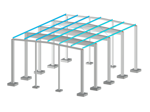 Eine Stahlbetonhalle mit integrierten Betonfundamenten und detaillierten Strukturelementen.