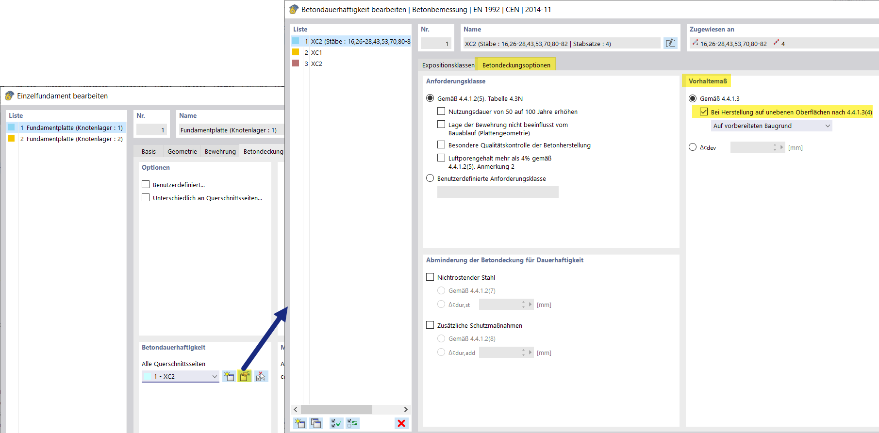 Darstellung von Vorhaltemaßen bei Betonfundamenten mit Fokus auf bauliche Genauigkeit.