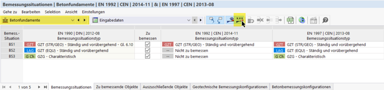 Dialogfenster zur Bemessung von Betonfundamental im Strukturanalyseprogramm.