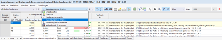 Darstellung von Betonfundamenten mit detaillierten Ergebnistabellen für strukturelle Analysen.
