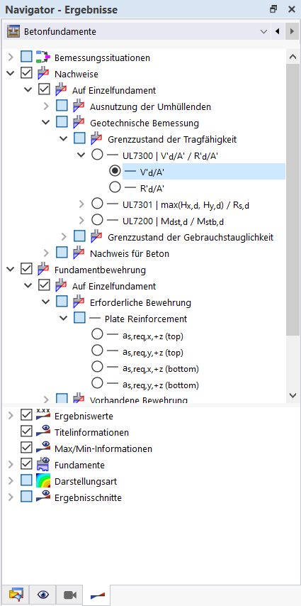Betonfundamente werden im Navigator detailliert analysiert und die Ergebnisse angezeigt.