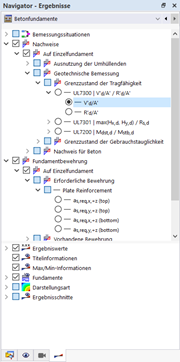 Betonfundamente werden im Navigator detailliert analysiert und die Ergebnisse angezeigt.